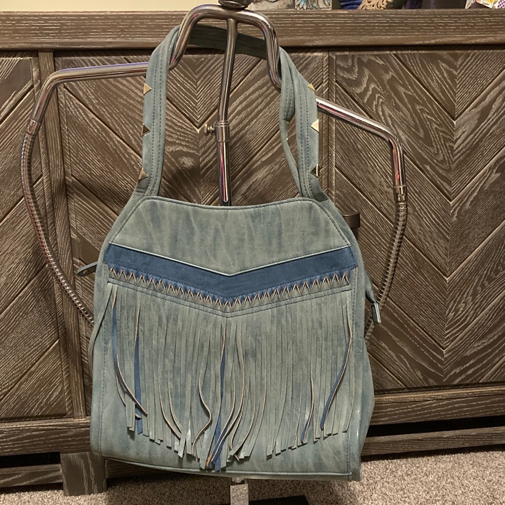 Steve Madden Elegant Fringe Shoulder hobo Bag - blue and Gray